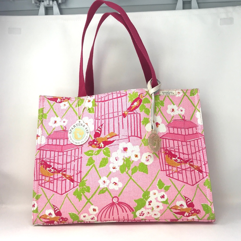 Spartina Handbag Tote Wilson Pattern NWT Travel Beach Bag Pink White Birds